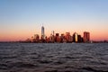 New York city skyline sunset view from the boat to Ellis Island Royalty Free Stock Photo